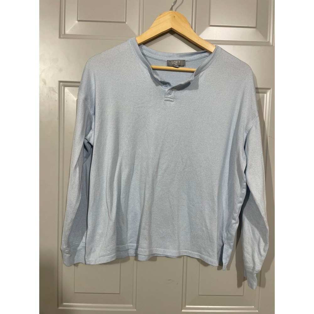 Loft Sleep Henley Top Women Large Blue Excellent Long Sleeve Ribbed Loungewear